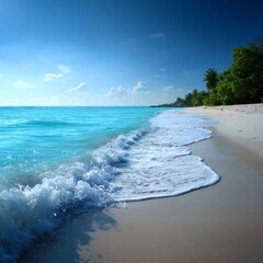 tropical beach, paradise landscape, crystal water, ocean waves, nature photography, exotic island, 16:9 photo, summer vacation, travel inspiration, tourism concept, relaxing beach, blue ocean, 