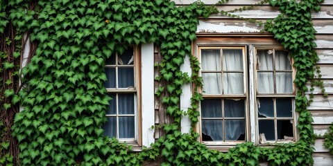 Naklejka premium Overgrown ivy clings to decaying clapboard, broken windows stare blankly, architecture, urban
