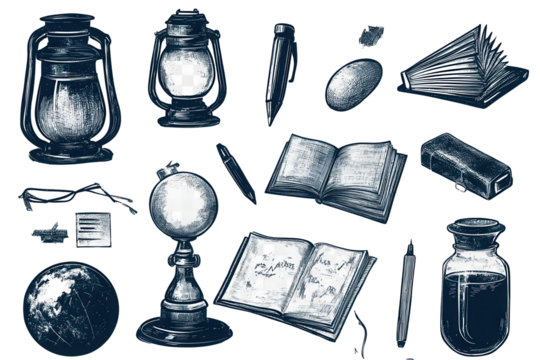 Collection of vintage school educational items including books, globes, and writing tools set against a textured background ideal for nostalgic themes