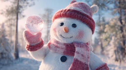 Cute snowman holding sparkling snow globe in winter wonderland scene