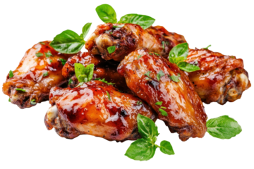 Crispy fried chicken wings garnished with fresh herbs isolated against a white background showcasing tempting textures and colors in high detail