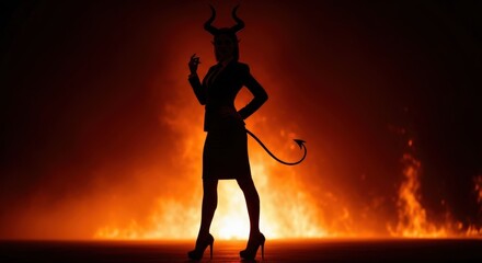 Silhouette of a Woman with Devil Horns and Tail Standing in Front of Fire and Smoke