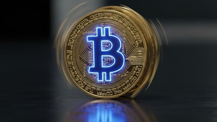 A spinning golden Bitcoin coin with a glowing blue logo, set against a dark, sleek background.