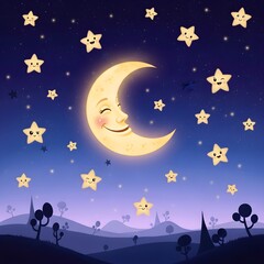 Naklejka premium Moon and Stars Smiling in the Sky 