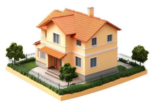 Mini house model showcasing distinct architectural features with orange roofing and surrounding greenery for real estate concepts