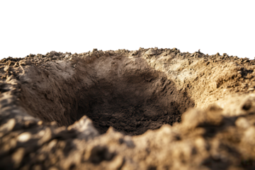 Deep hole in the ground showcasing an isolated section of earth's layers, offering a glimpse into geological structure, revealing the raw texture of soil and minerals beneath the surface