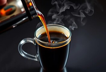 Dark, rich coffee pouring into a warm mug, steam rising, latte, ritual
