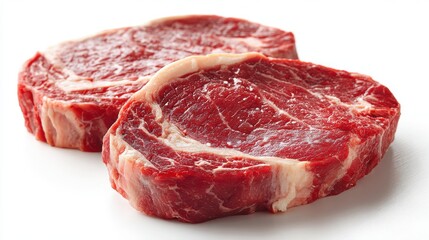 Fototapeta premium Two thick cut raw ribeye steaks with marbling and fat cap isolated on a white background