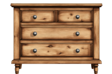 Chest of drawers crafted from natural wood with a classic design featuring multiple storage compartments and elegant round knobs on a transparent gigapixel background