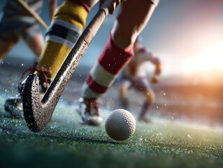 Field hockey player about to hit the ball on the field