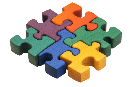Colorful handcrafted wooden puzzle pieces arranged creatively on a plain background highlighting the intricate design and craftsmanship of each piece