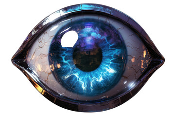 Abstract metallic eye featuring radial design with intricate details and vivid colors showcasing natural elements and electrical themes in futuristic art style