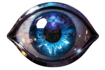 Abstract metallic eye featuring radial design with intricate details and vivid colors showcasing natural elements and electrical themes in futuristic art style