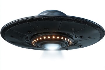 Close up view of a classic flying saucer shaped ufo spacecraft with bright lights and a beam of light emanating from the bottom