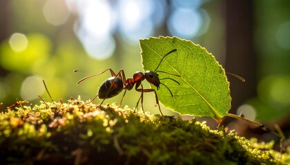 Ant carrying leaf in forest