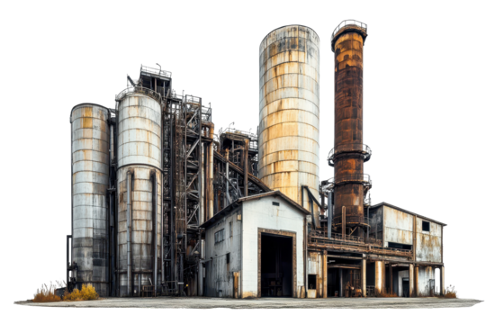 Modern industrial factory with towering silos and smokestacks showcasing architectural design against a plain backdrop