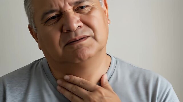 Elderly Man Touching His Neck Experiencing Throat Pain In Close Up Portrait Against A White Background