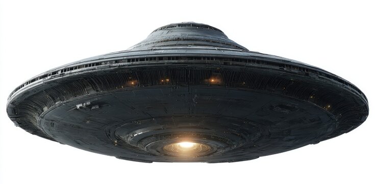 Mysterious alien spacecraft hovering in the sky with glowing lights and intricate details on its metallic surface