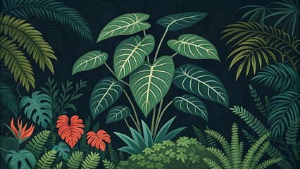 Lush tropical foliage with vibrant leaves creates a captivating botanical illustration, perfect for adding a touch of exotic nature