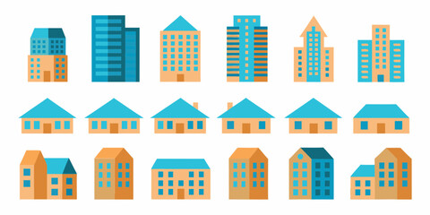 Collection of flat design houses and modern apartment buildings in orange and blue colors