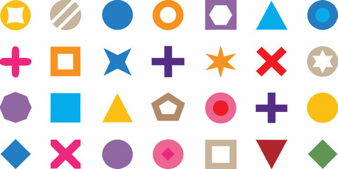 A vibrant collection of colorful geometric shapes arranged in a grid pattern on a white background