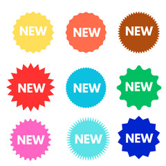 “Colorful starburst NEW labels set isolated on transparent background – sale promotion badge collection”