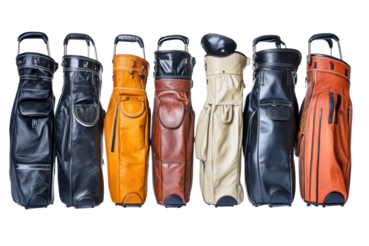 Collection of classic black leather golf bags showcasing diverse styles and colors, perfect for golf enthusiasts and collectors