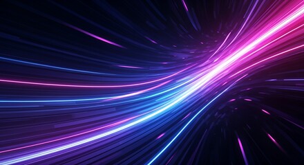 Futuristic abstract background with glowing neon light streaks in blue, purple, and pink. Dynamic forward motion effect, vibrant contrast, smooth gradient, and immersive depth.