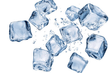 Obraz premium Flying ice cubes captured against a white background create a visually dynamic display of clarity and coldness in mid-air