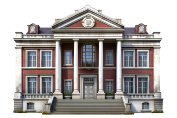 Courthouse facade showcasing classical architecture with intricate details and prominent columns surrounded by a transparent background