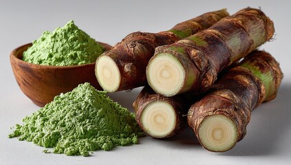 Green powder next to sliced root vegetables