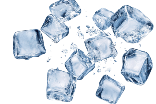 Flying ice cubes captured against a white background create a visually dynamic display of clarity and coldness in mid-air