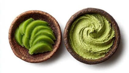 Two small bowls, one with sliced green food, the other with a swirl of green paste, on a white background