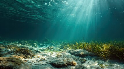 Fototapeta premium Sunlight beams piercing the turquoise ocean water illuminating a vibrant coral reef teeming with marine life and seagrass