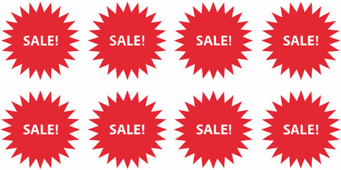 Eight red starburst sale signs with white text on a white background