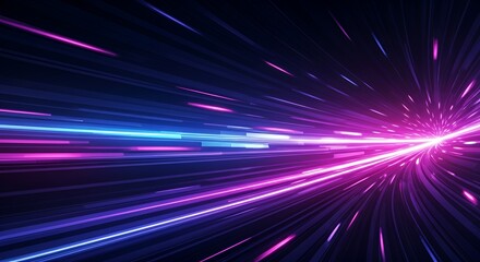 Futuristic abstract background with glowing neon light streaks in blue, purple, and pink. Dynamic forward motion effect, vibrant contrast, smooth gradient, and immersive depth.