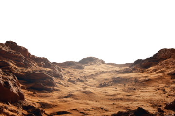 Martian landscape showcasing rocky terrain under a clear atmosphere with dry, red-brown soil and distant hills, emphasizing isolation and extraterrestrial features in low resolution