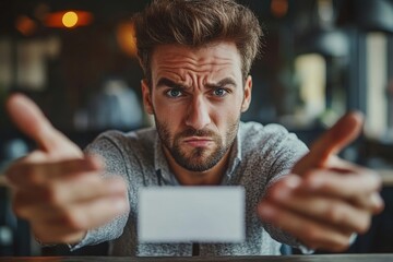 Close-up portrait of a young stubbled businessman sitting in the office, holding a business card and mobile phone, frustratedly spreading his hands to the camera, indicating a challenge, Generative AI