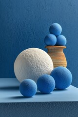A collection of blue and white spherical objects arranged with a pottery vase.