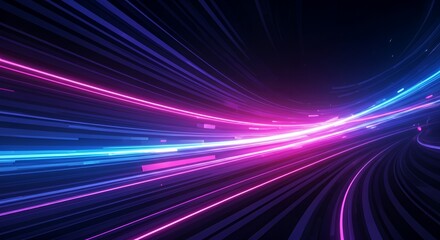 Futuristic abstract background with glowing neon light streaks in blue, purple, and pink. Dynamic forward motion effect, vibrant contrast, smooth gradient, and immersive depth.