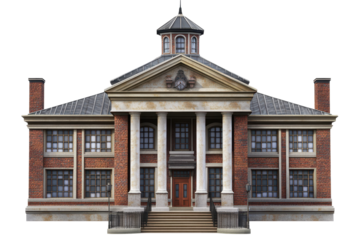 Courthouse exterior featuring classic architecture with brick facade and prominent columns viewed against a transparent background