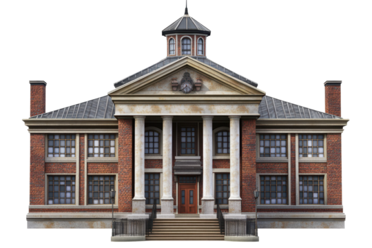 Courthouse exterior featuring classic architecture with brick facade and prominent columns viewed against a transparent background