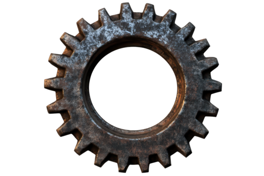 Metal gear design element isolated on a transparent background showcasing detailed textures and industrial aesthetics for use in various graphic designs and creative projects