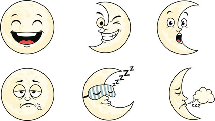 Cartoon moon phases with expressive faces, emotions and sleep themes, funny crescent and full moon illustrations, night sky characters