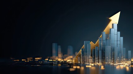 3D Rendering of Financial Growth Concept with Arrow and Skyscrapers on Dark Background