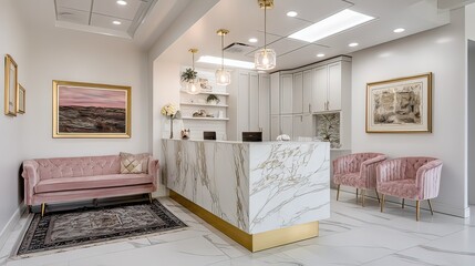 Obraz premium Elegant and Modern Reception Area with Pink Furniture and Marble Countertop in Contemporary Office Design