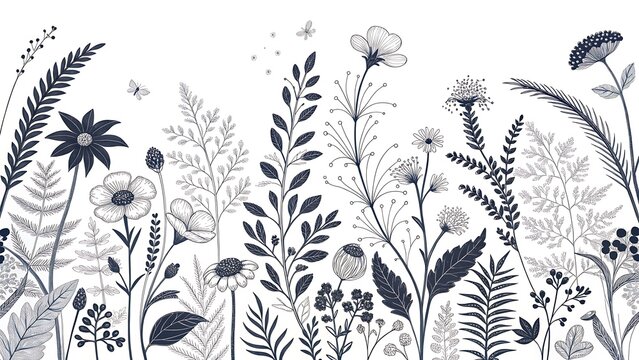 Fototapeta Seamless floral pattern with wildflowers and herbs in monochrome, isolated on white background, vector illustration