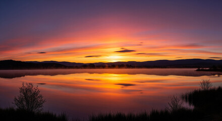 Obraz premium Golden sunrise over misty lake with serene mountain reflection and pine trees