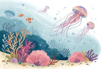 Watercolor underwater scene with jellyfish coral and fish ocean marine life