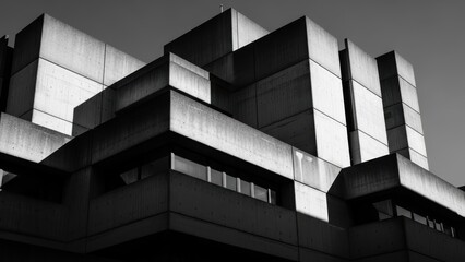Obraz premium High-contrast, black and white close-up of a brutalist building's facade.